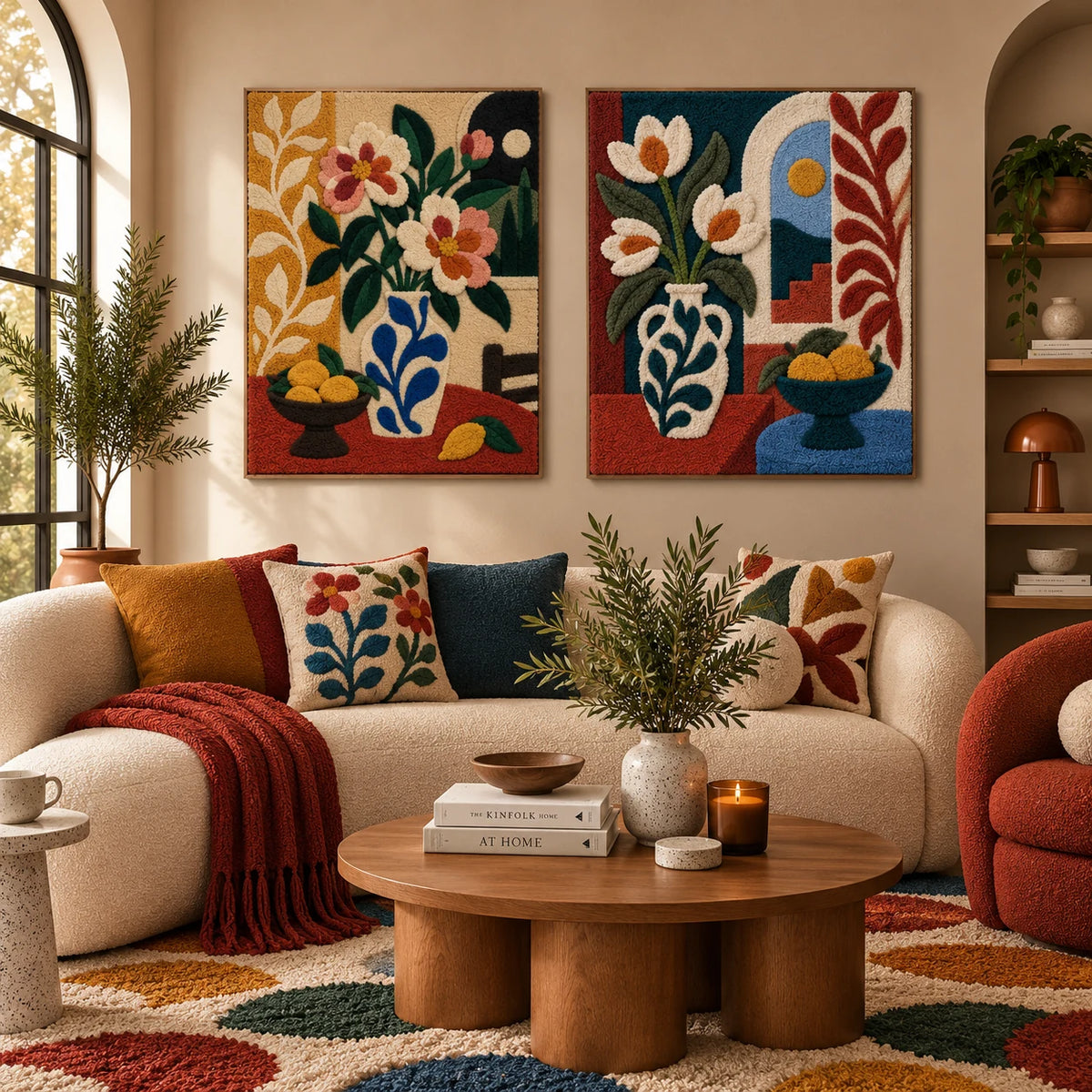 Coral Blooms and Lemon Bowl × Magnolia at the Sunlit Arch paired wool wall art in a styled room — Sunlit Floral Table