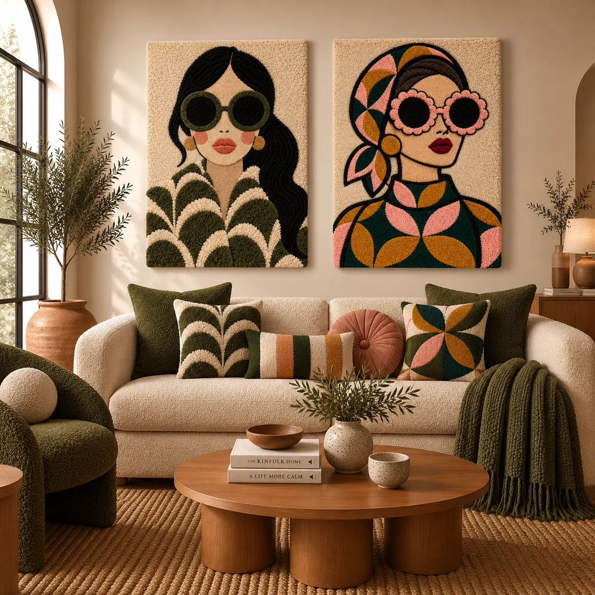Olive Scallop Muse × Petal-Lens Muse paired wool wall art in a styled room — Olive Petal Poise