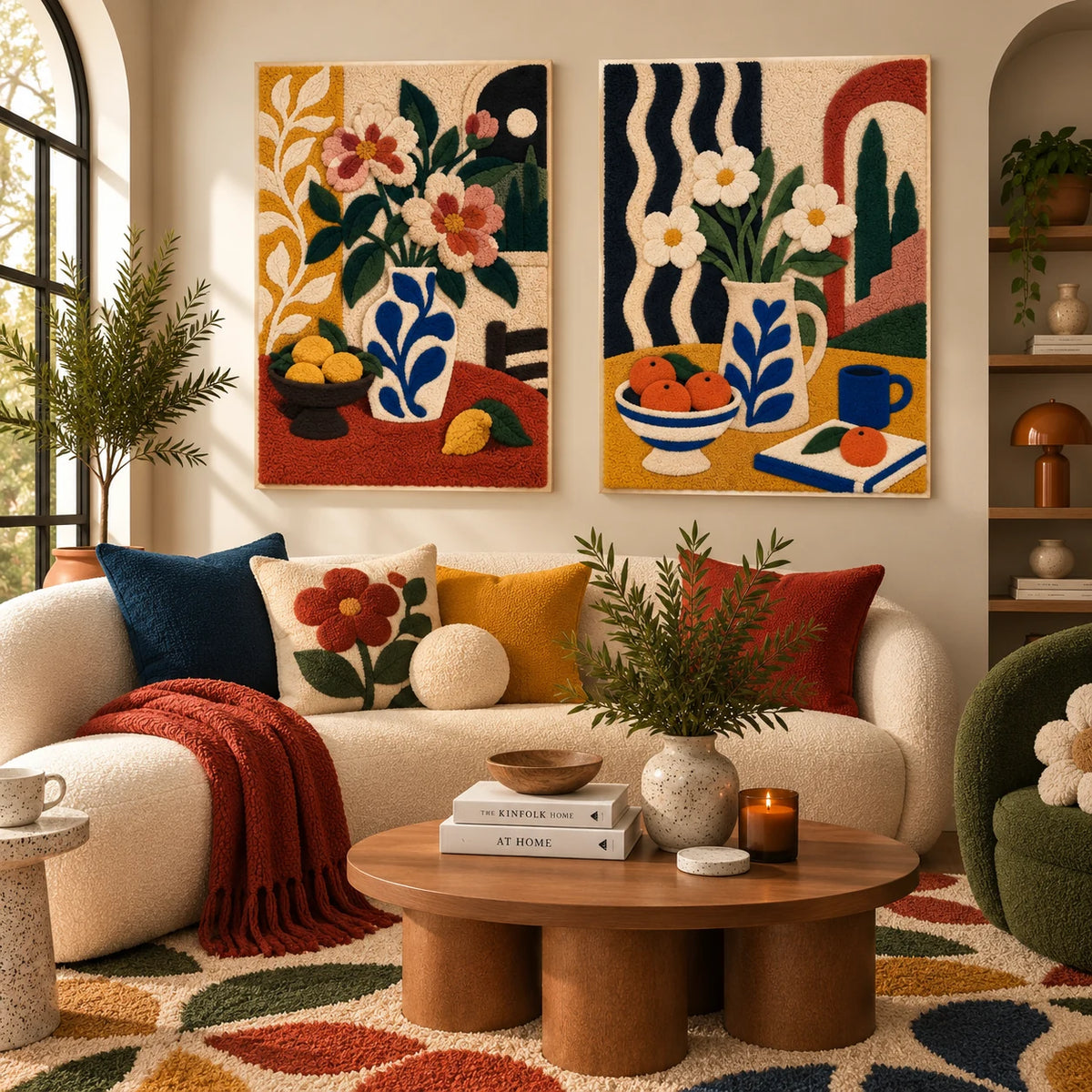 Coral Blooms and Lemon Bowl × Daisies at the Riviera Window paired wool wall art in a styled room — Riviera Blossom Table