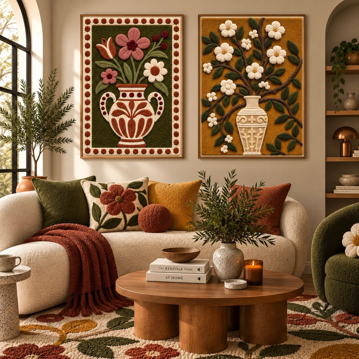 Heirloom Rose Bouquet × Ivory Blossoms in a Golden Vase paired wool wall art in a styled room — Heirloom Blossom Vessels