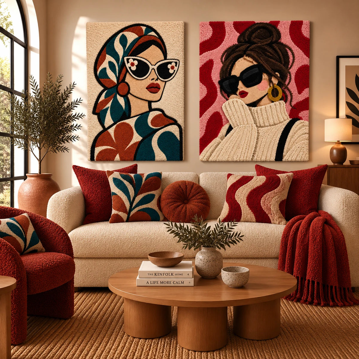 Autumn Cat-Eye Muse × Cozy Knit and Scarlet Waves paired wool wall art in a styled room — Autumn Cozy Muses
