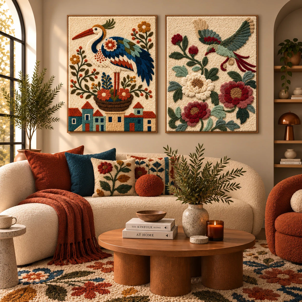 Ember Parade × Luminous Willow paired wool wall art in a styled room — Ivory Garden Flight