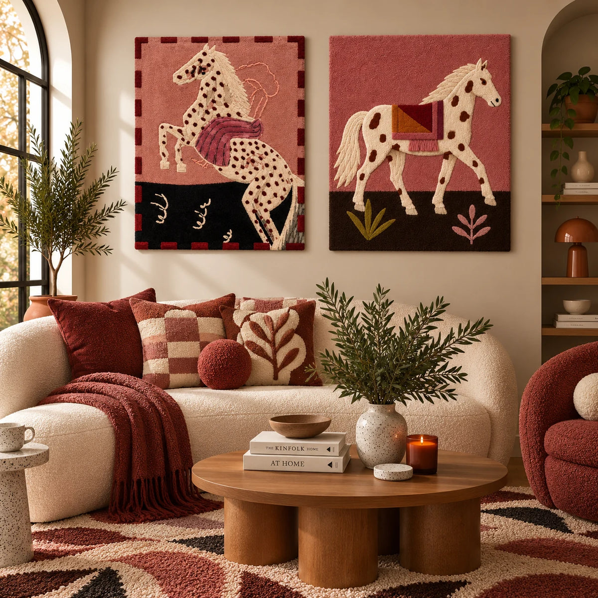Folk Horse Rearing × Rosewood Mare paired wool wall art in a styled room — Rosewood Horse Grace