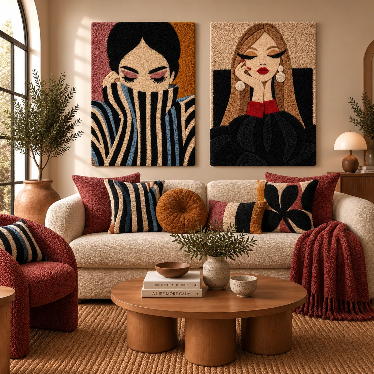 Cinder Bloom × Pearl Earrings in Quiet Black paired wool wall art in a styled room — Quiet Black Pearl