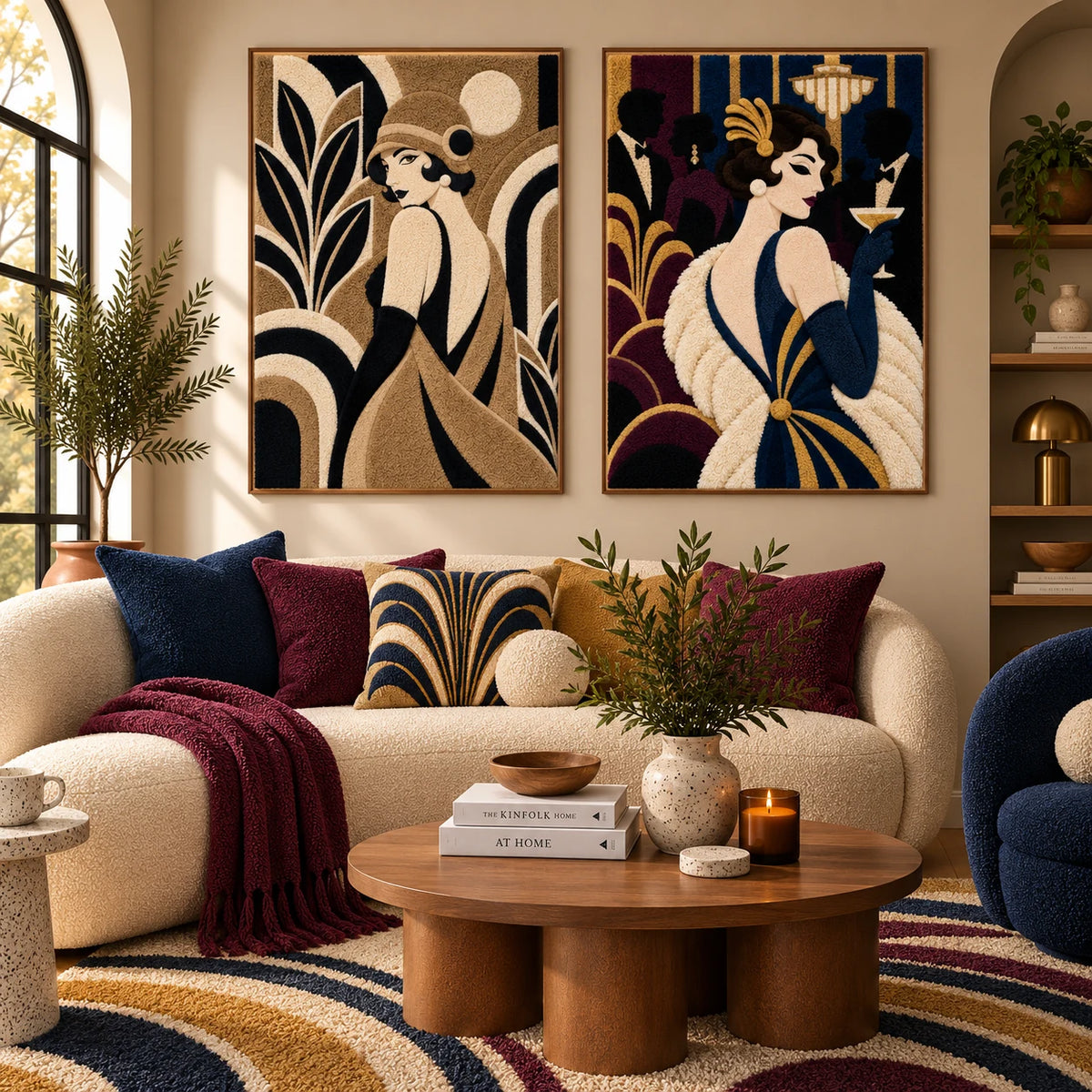 Cloche Evening Muse × Gilded Evening Toast paired wool wall art in a styled room — Gilded Evening Grace