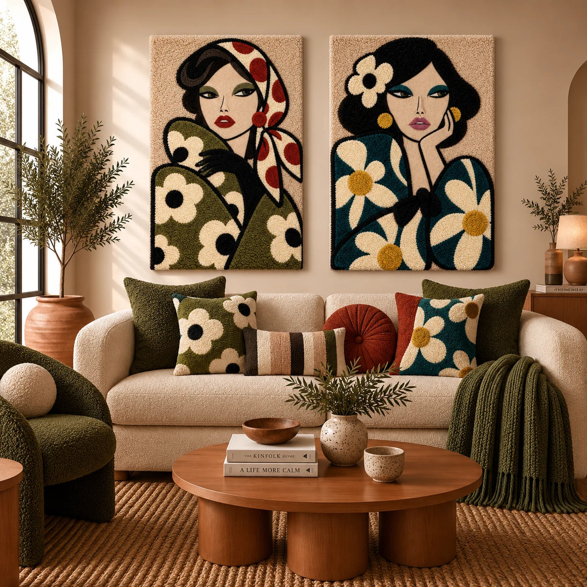 Olive Daisy Headscarf Muse × Teal Daisy Muse paired wool wall art in a styled room — Daisy Daydreams