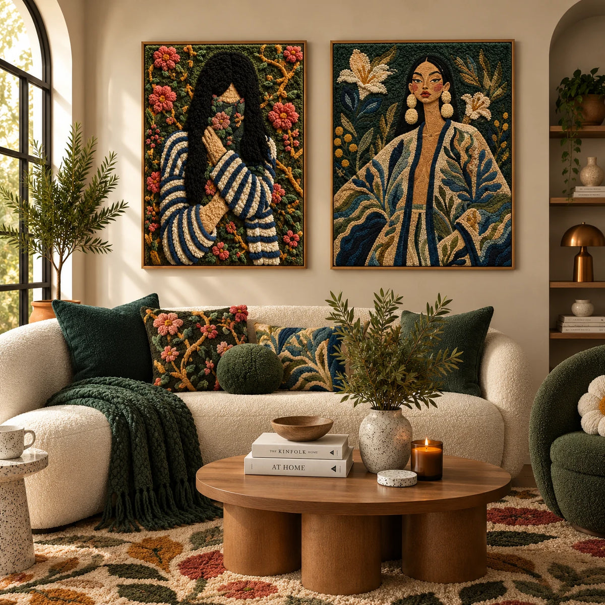 Midnight Bloom Reader × Moonlit Lily Keeper paired wool wall art in a styled room — Midnight Garden Keepers