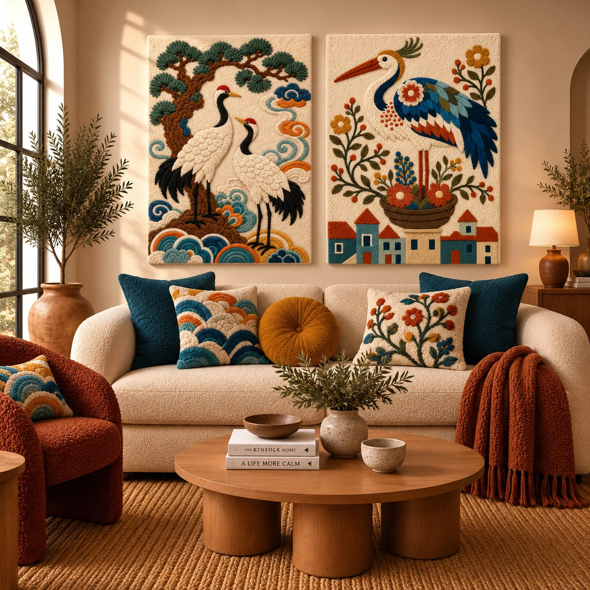 Afterglow Mirage × Ember Parade paired wool wall art in a styled room — Cream Garden Birds