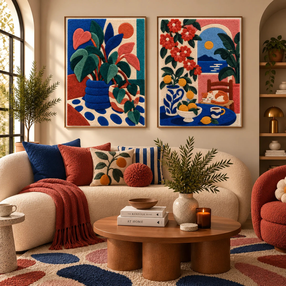 Cobalt Planter and Coral Leaves × Geraniums at the Seaside Arch paired wool wall art in a styled room — Cobalt Garden Table