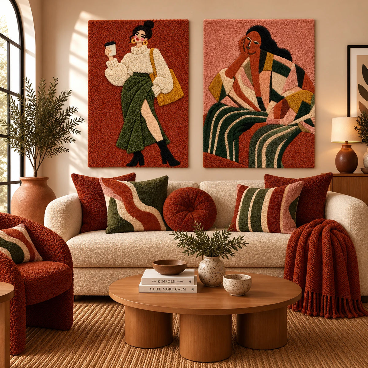 Coffee on a Rust Morning × Afterglow Koi paired wool wall art in a styled room — Warm City Pause