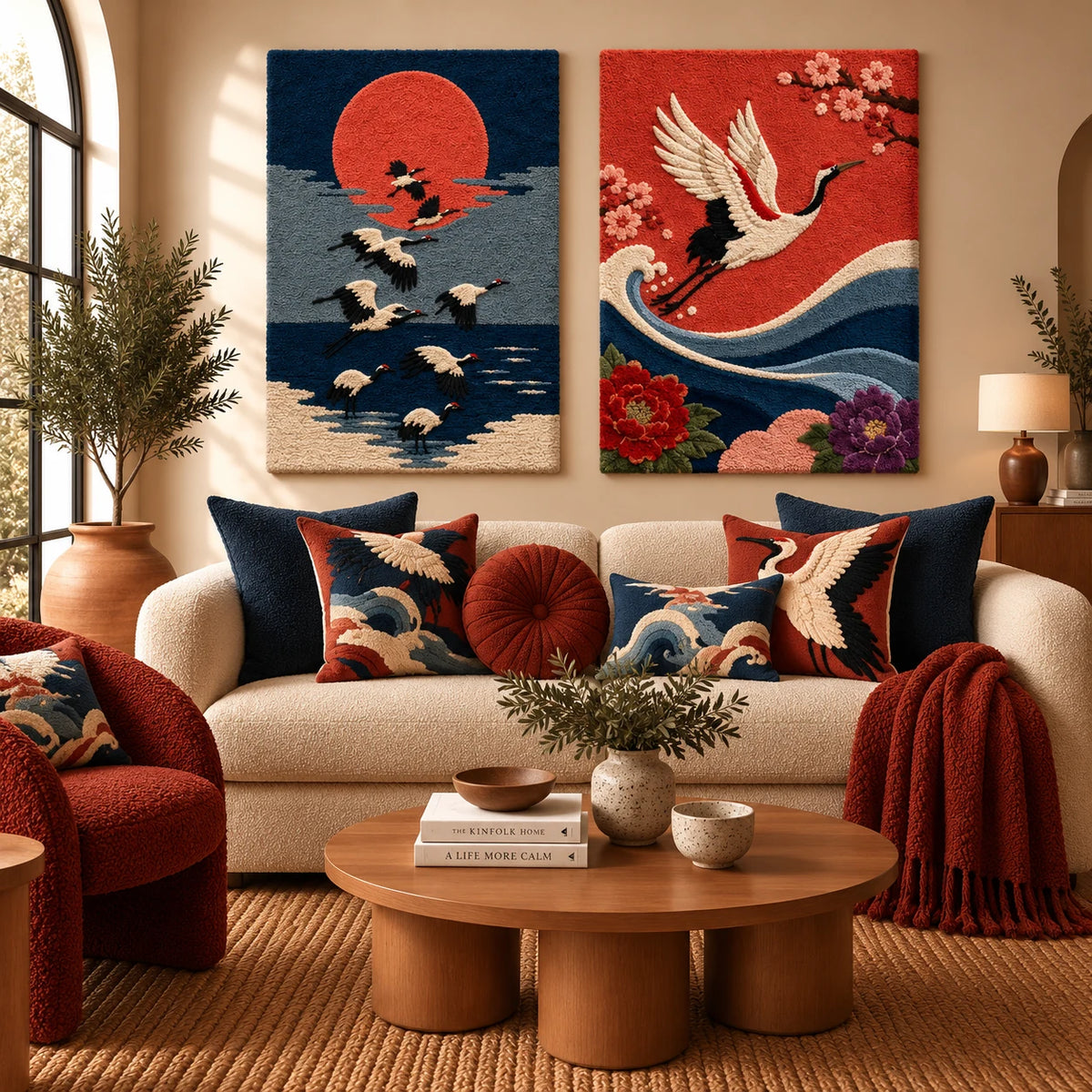 Cinder Harbor × Gilded Umber paired wool wall art in a styled room — Coral Crane Passage