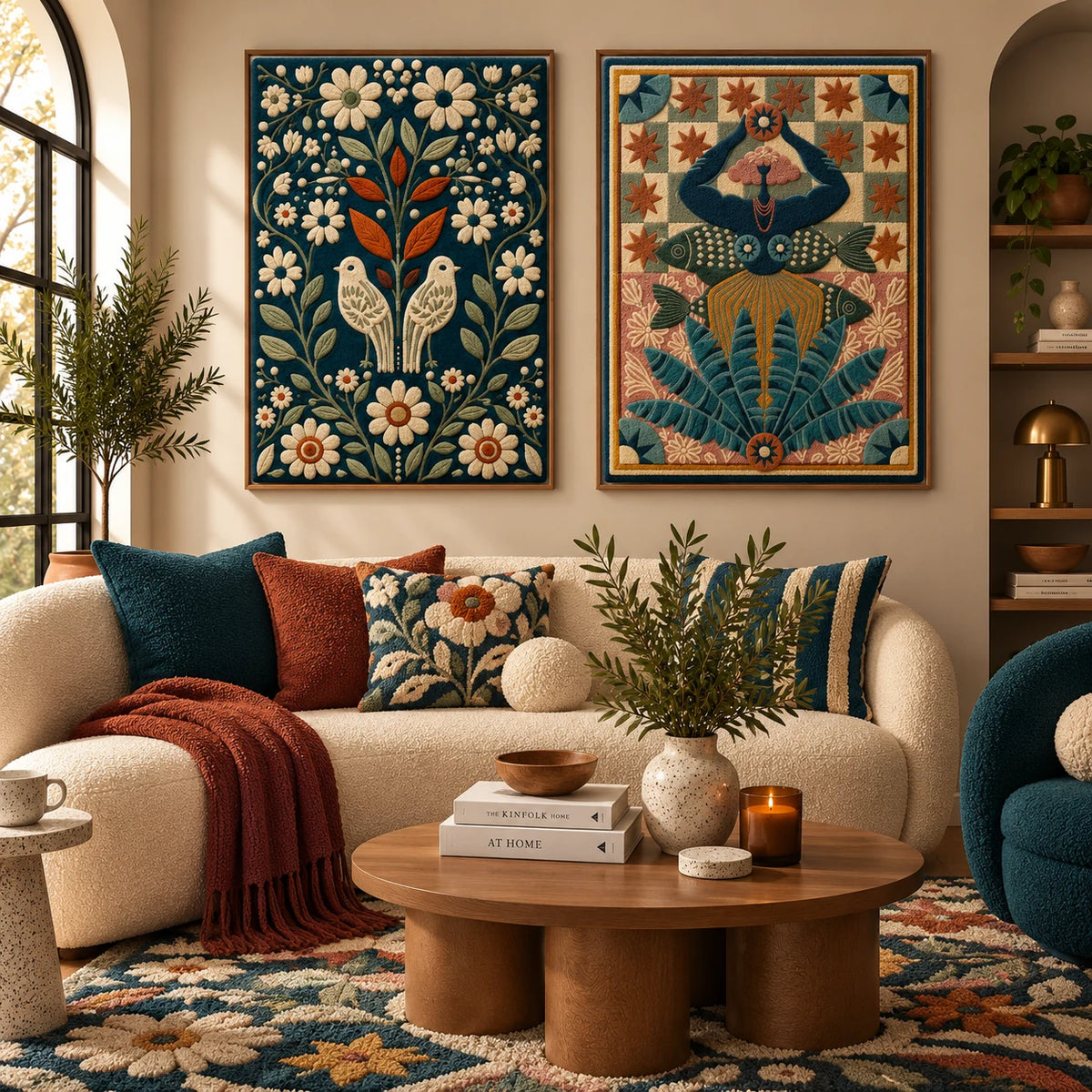 Afterglow Fern × Cinder Parade paired wool wall art in a styled room — Folk Garden Guardians