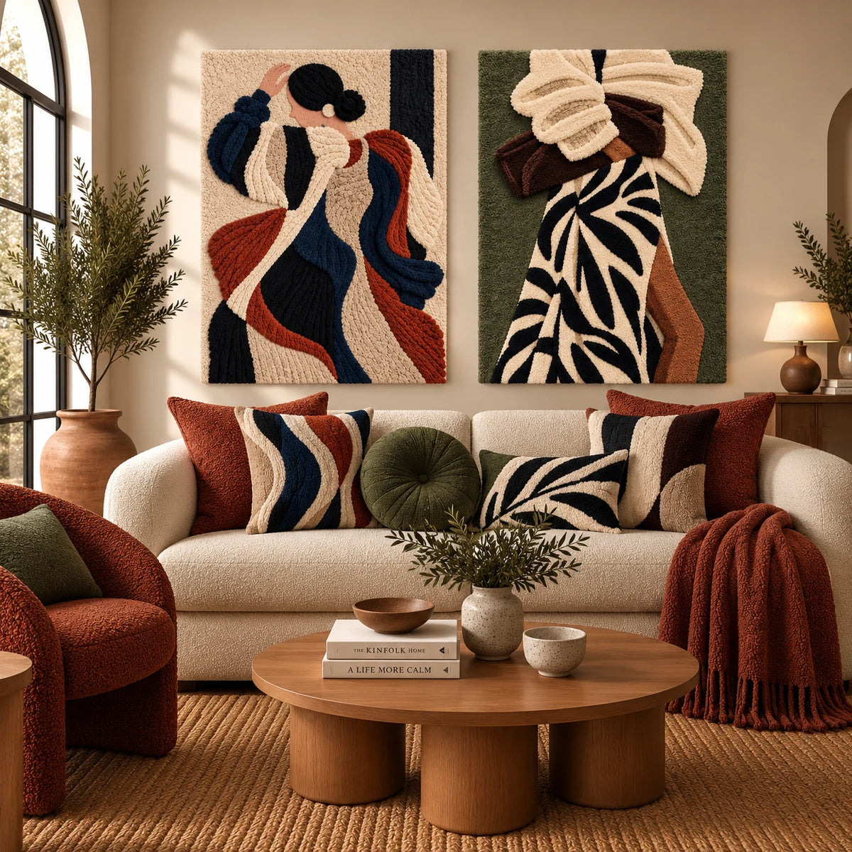 Evening Drapery Muse × Folded Arms and Leaf Print paired wool wall art in a styled room — Folded Quiet