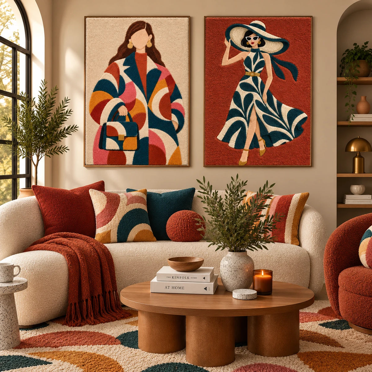 Curved Patchwork City Stroll × Terracotta Seaside Promenade paired wool wall art in a styled room — Curves of City Fashion