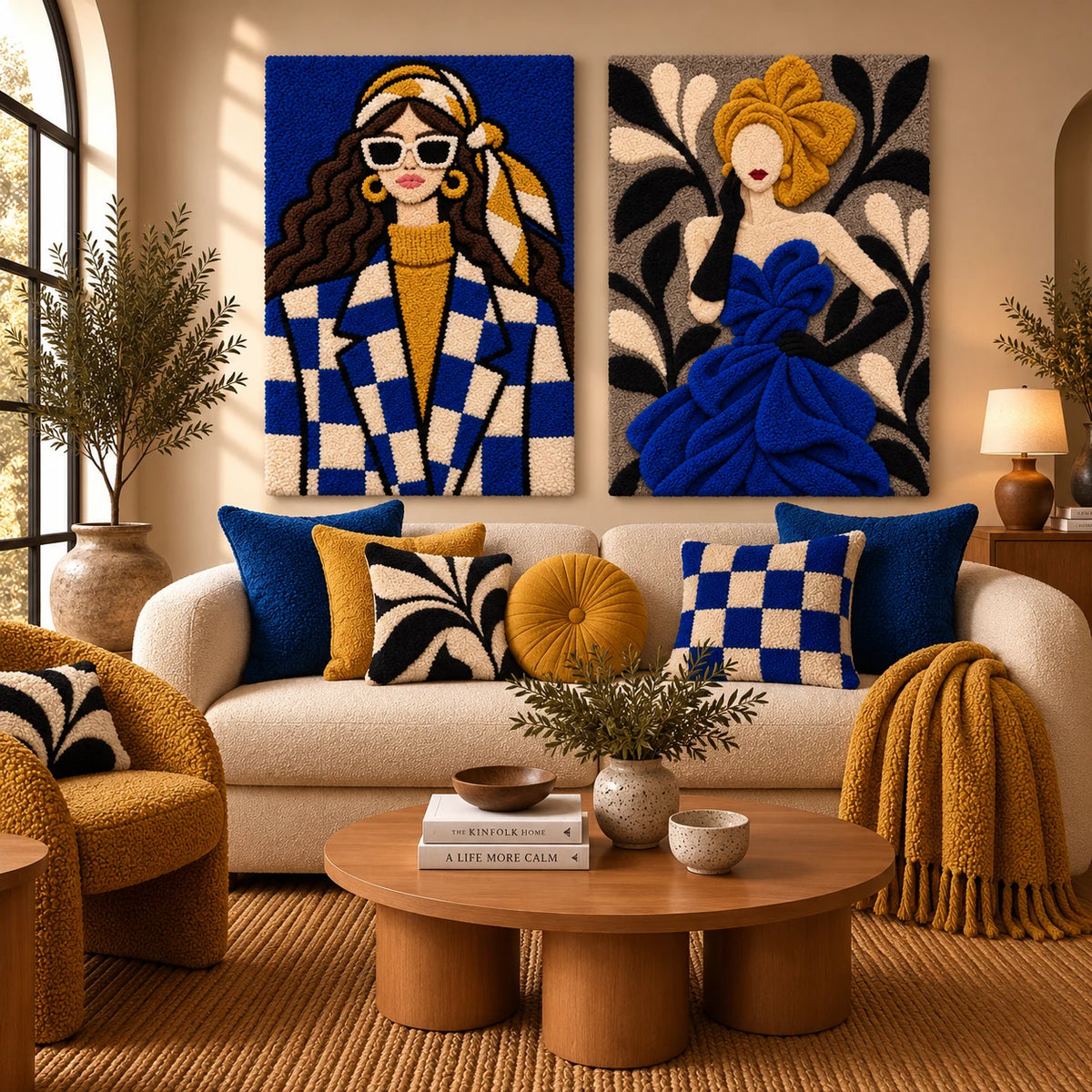 Cobalt Check Muse × Cobalt Gown with Golden Bow paired wool wall art in a styled room — Cobalt Couture