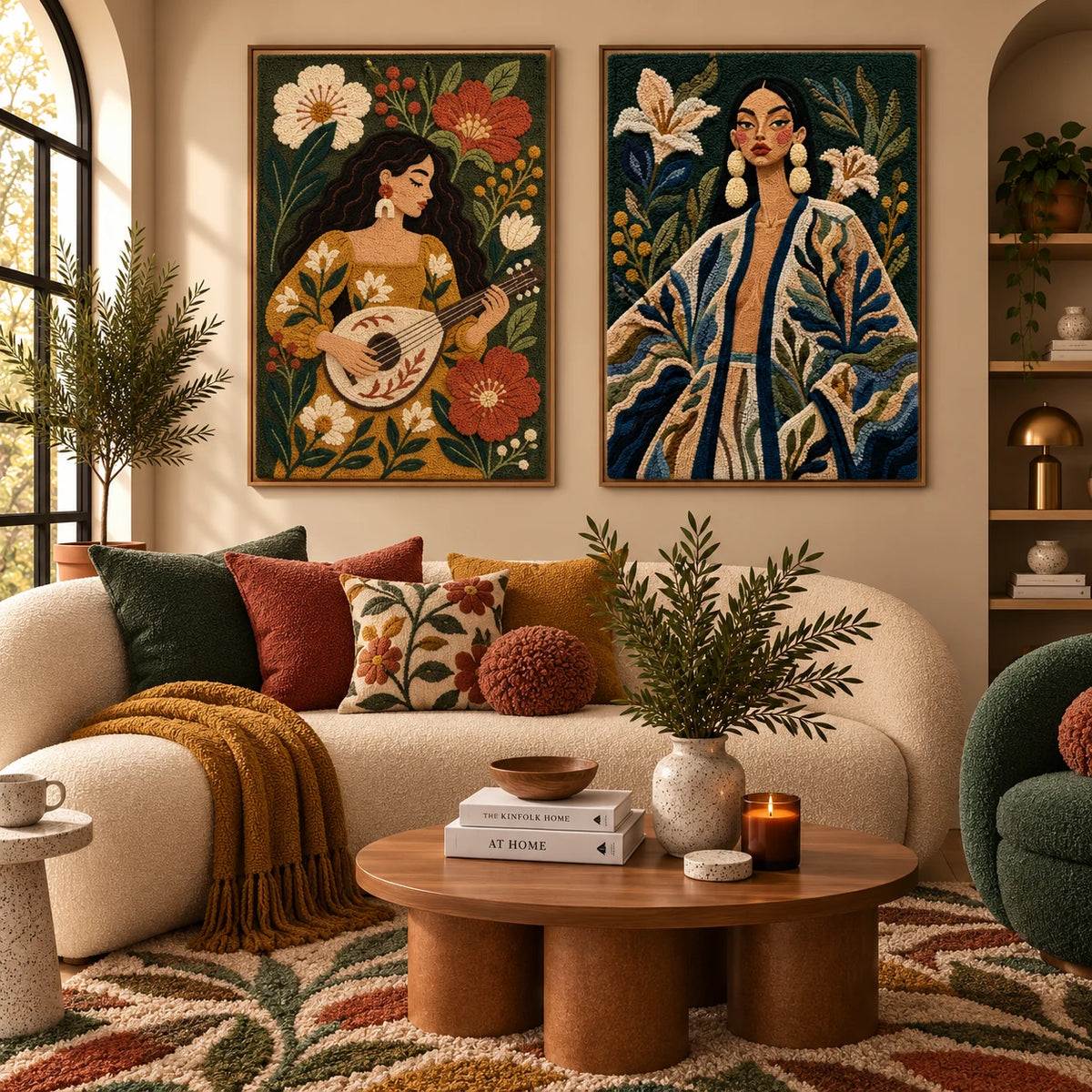 Meadow Mandolin Song × Moonlit Lily Keeper paired wool wall art in a styled room — Garden Song and Lilies