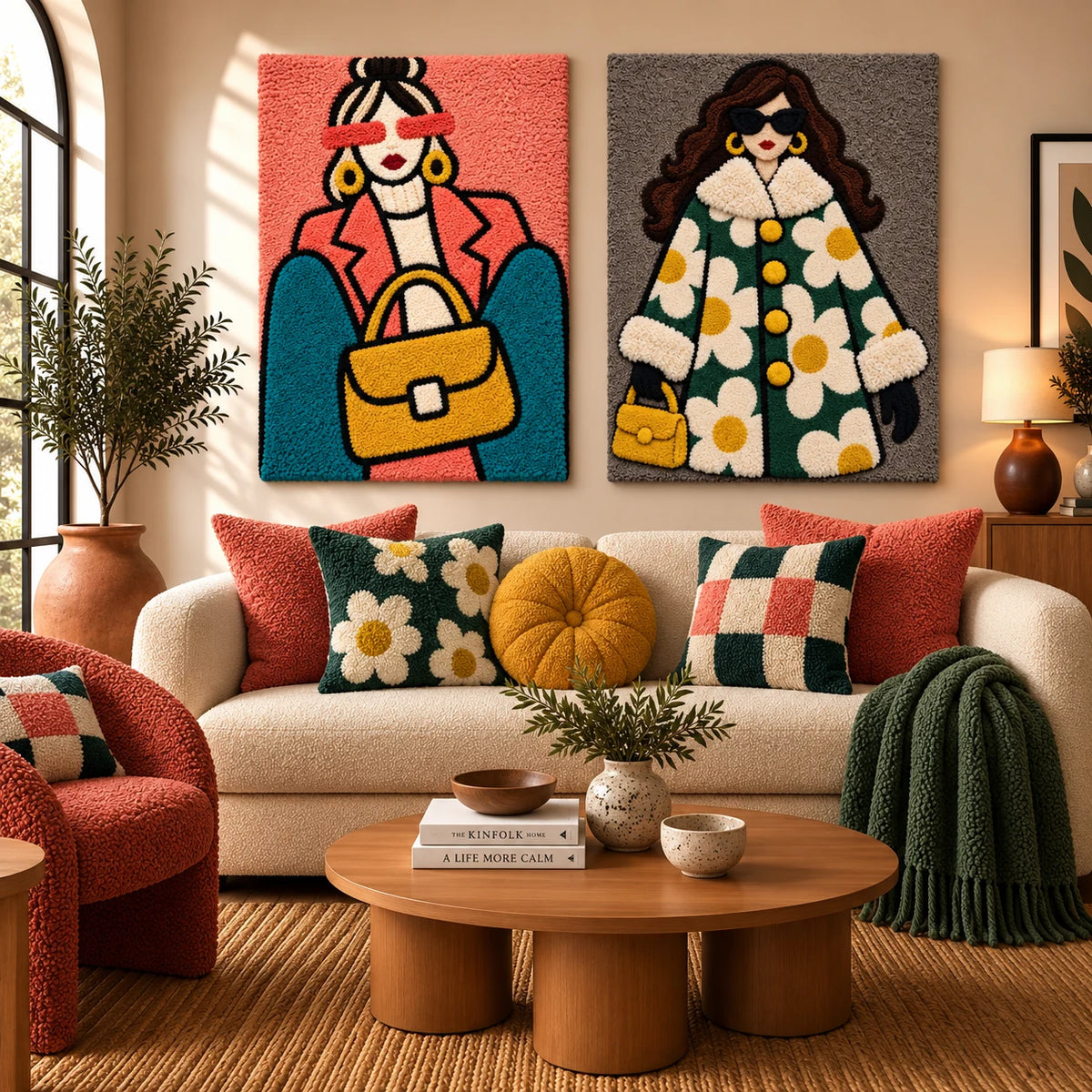 Coral Sky Golden Handbag × Daisy Coat Golden Morning paired wool wall art in a styled room — Golden Street