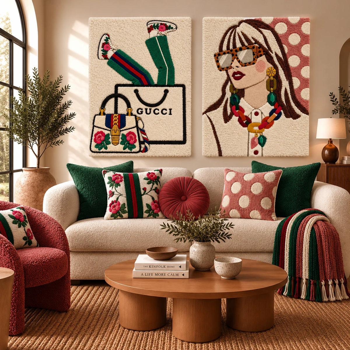 Emerald Shopping Daydream × Spotted Sunglasses and Jeweled Links paired wool wall art in a styled room — Jeweled Shopping Reverie