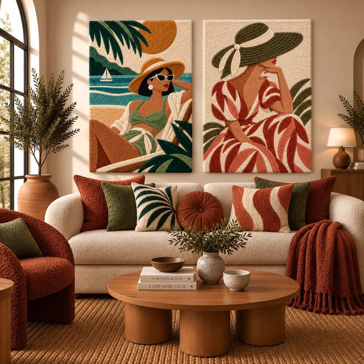 Sage Riviera × Olive Brim and Rust Leaves paired wool wall art in a styled room — Olive Holiday