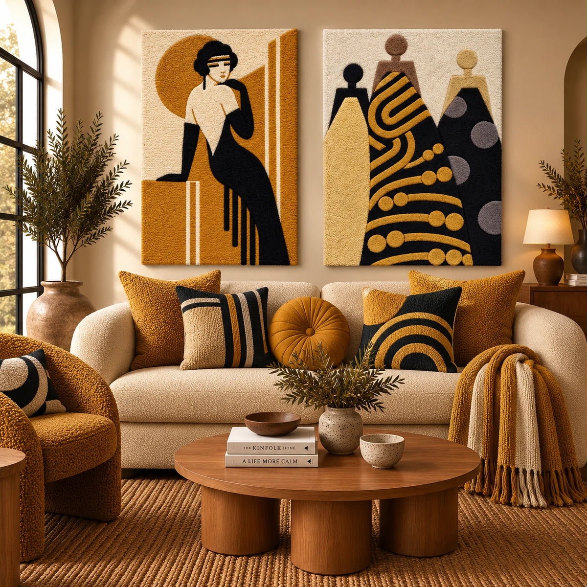 Amber Evening Recline × Golden Gown Gathering paired wool wall art in a styled room — Golden Silhouettes