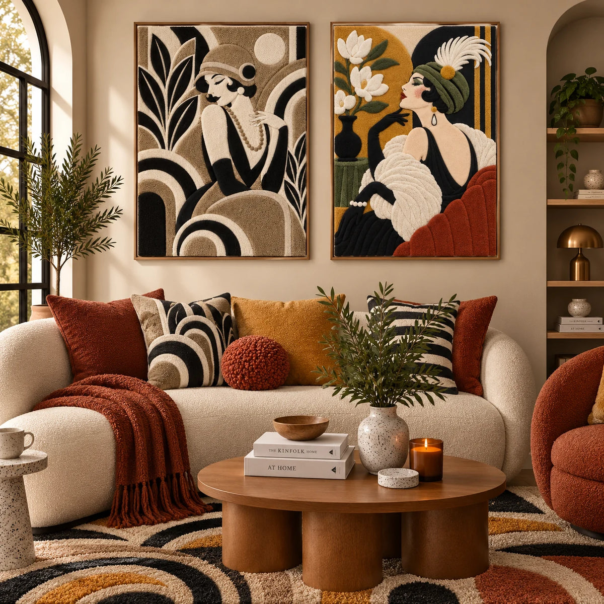 Pearl Evening Muse × Magnolia Cabaret paired wool wall art in a styled room — Evening Elegance
