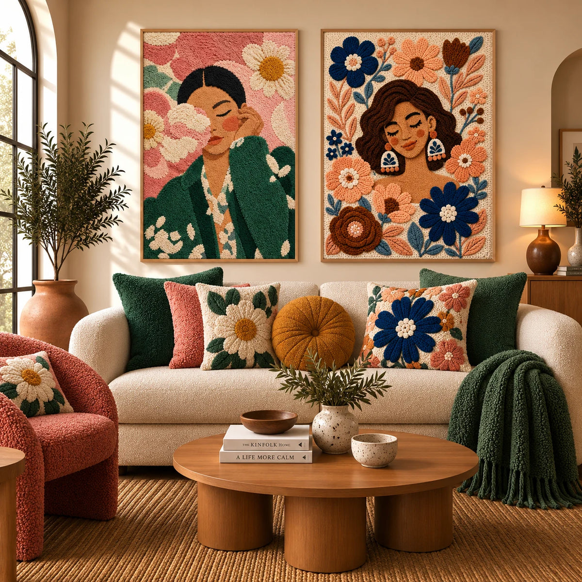 Luminous Saffron × Peach Blossom Reverie paired wool wall art in a styled room — Blossom Reverie Study