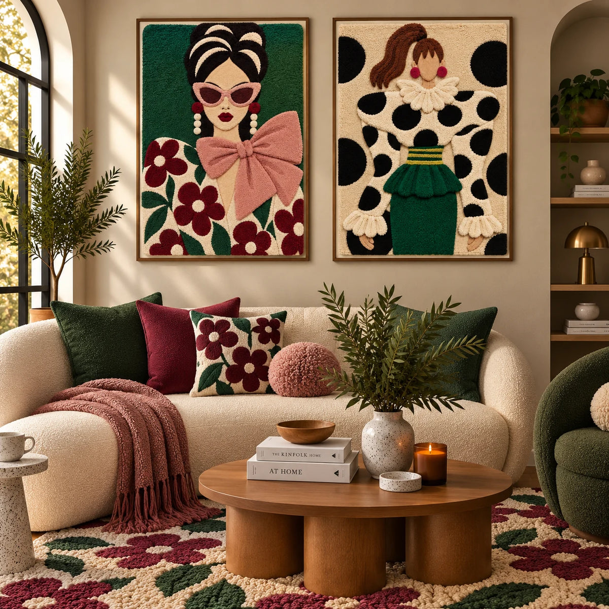 Rose Bow and Burgundy Blooms × Spots and Emerald Ruffles paired wool wall art in a styled room — Emerald Flourish