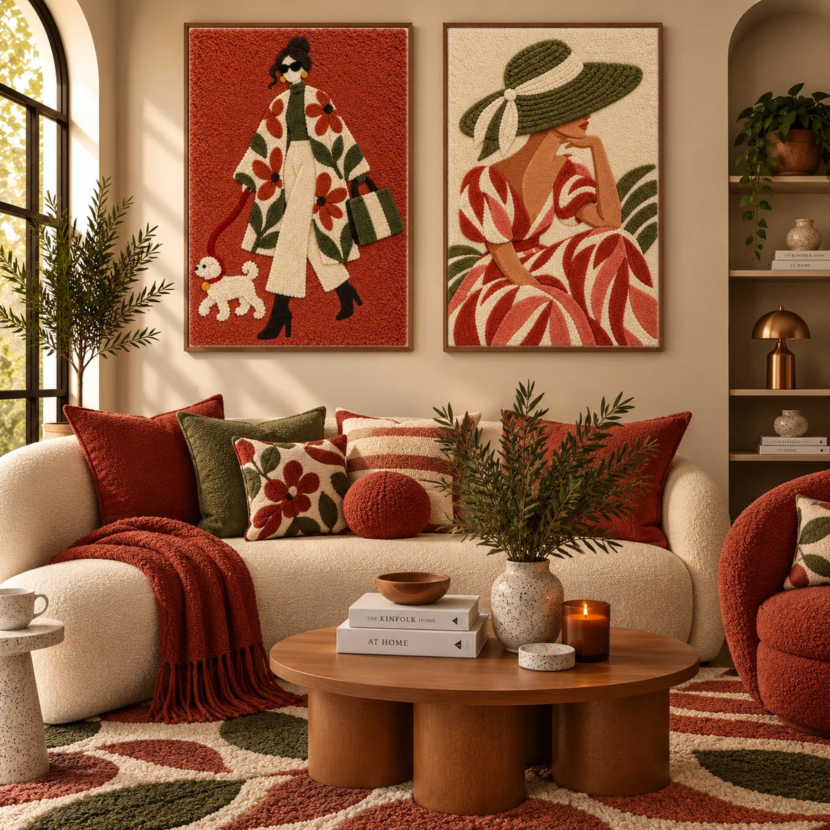 Floral Coat and Little Companion × Olive Brim and Rust Leaves paired wool wall art in a styled room — Olive Stroll