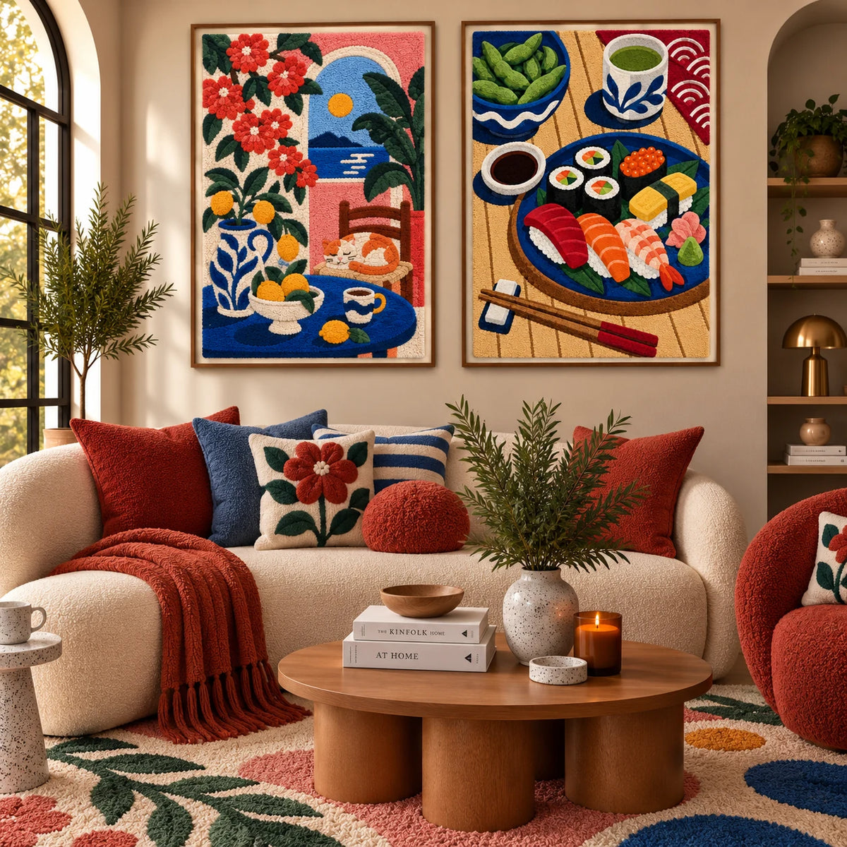 Geraniums at the Seaside Arch × The Indigo Sushi Table paired wool wall art in a styled room — Blue Table
