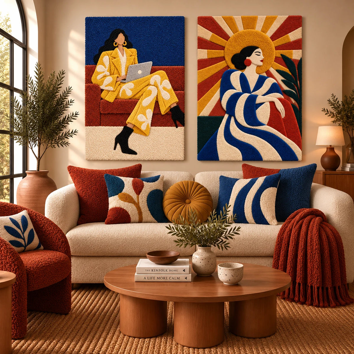 The Golden Workday × Woman Beneath the Golden Rays paired wool wall art in a styled room — Golden Hours