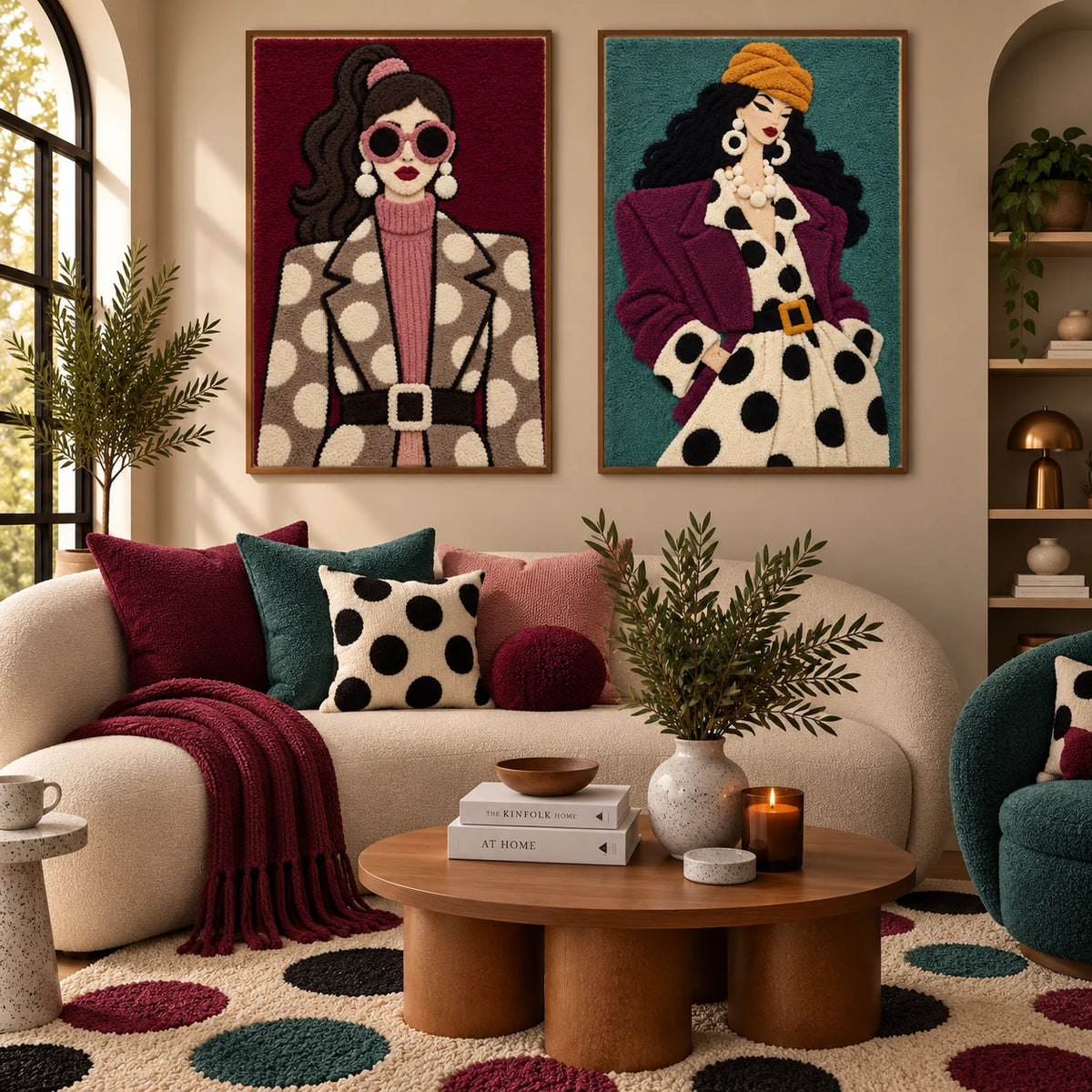 Burgundy Polka Muse × Plum Coat and Polka Poise paired wool wall art in a styled room — Plum Polka Poise