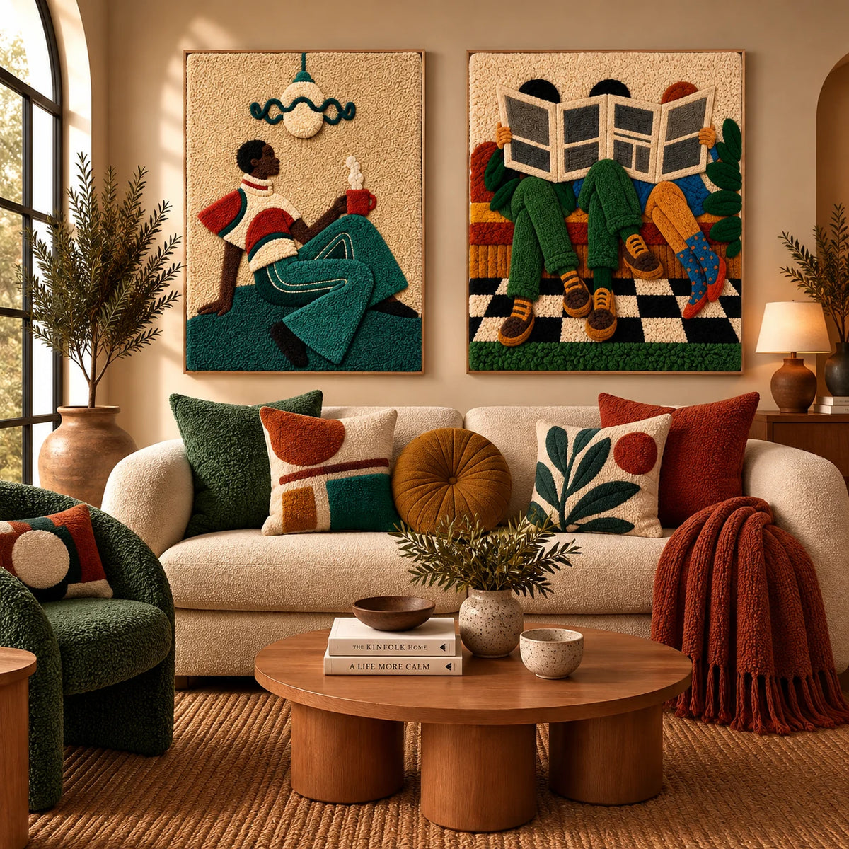 Storybook Village × Gilded Iris paired wool wall art in a styled room — Quiet Companions