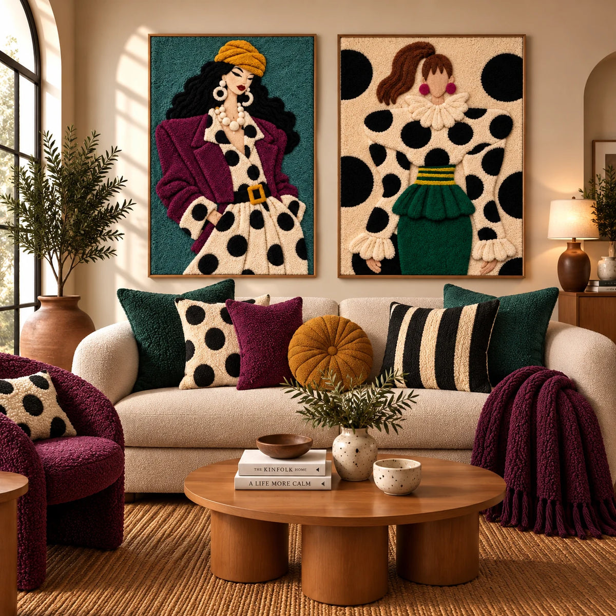 Plum Coat and Polka Poise × Spots and Emerald Ruffles paired wool wall art in a styled room — Polka Flourish