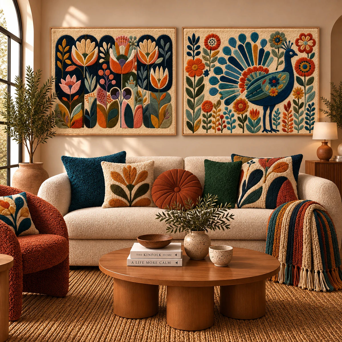 Ember Juniper × Luminous Drift paired wool wall art in a styled room — Garden Parade