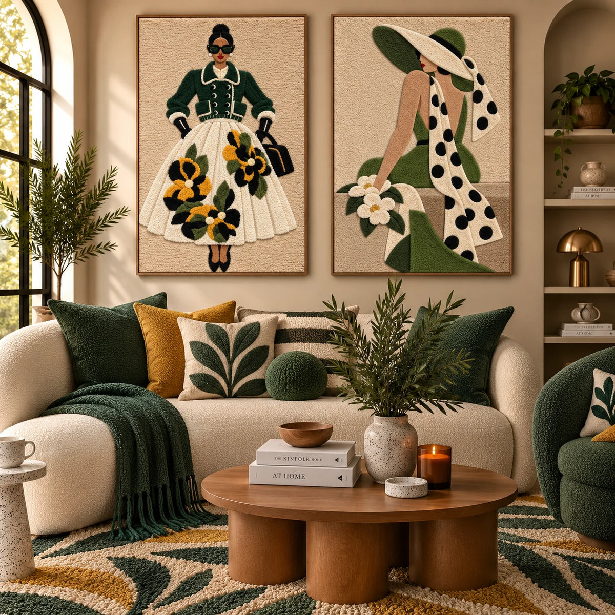 Forest Jacket Golden Blossoms × Olive Hat and Polka Dot Scarf paired wool wall art in a styled room — Forest Fashion Bloom