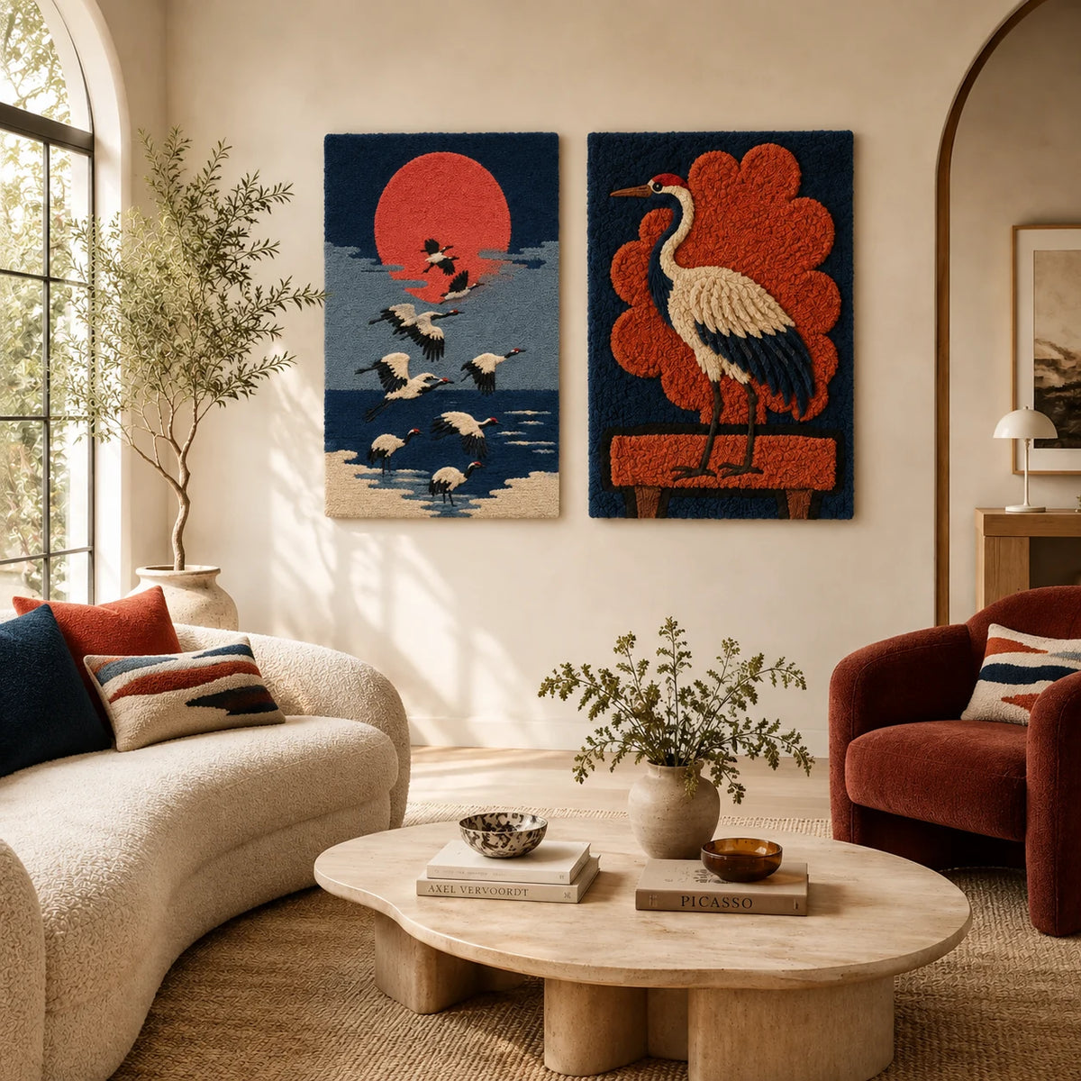 Cinder Harbor × Indigo Crane Emblem paired wool wall art in a styled room — Crimson Crane Echoes
