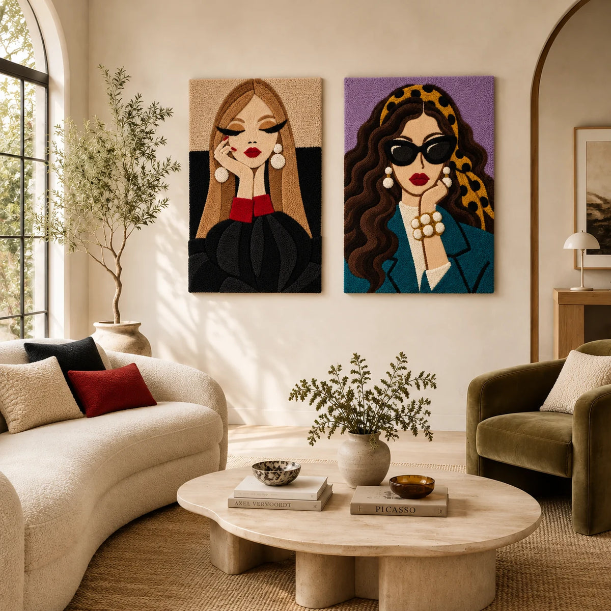 Pearl Earrings in Quiet Black × Pearls and a Leopard Scarf paired wool wall art in a styled room — Pearl Poise