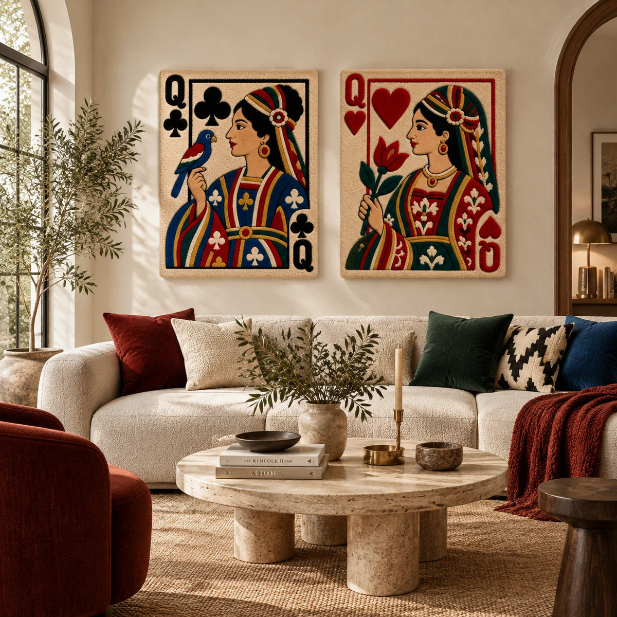 Queen of Clubs with Songbird × Queen of Hearts with Red Tulip paired wool wall art in a styled room — Queens in Bloom