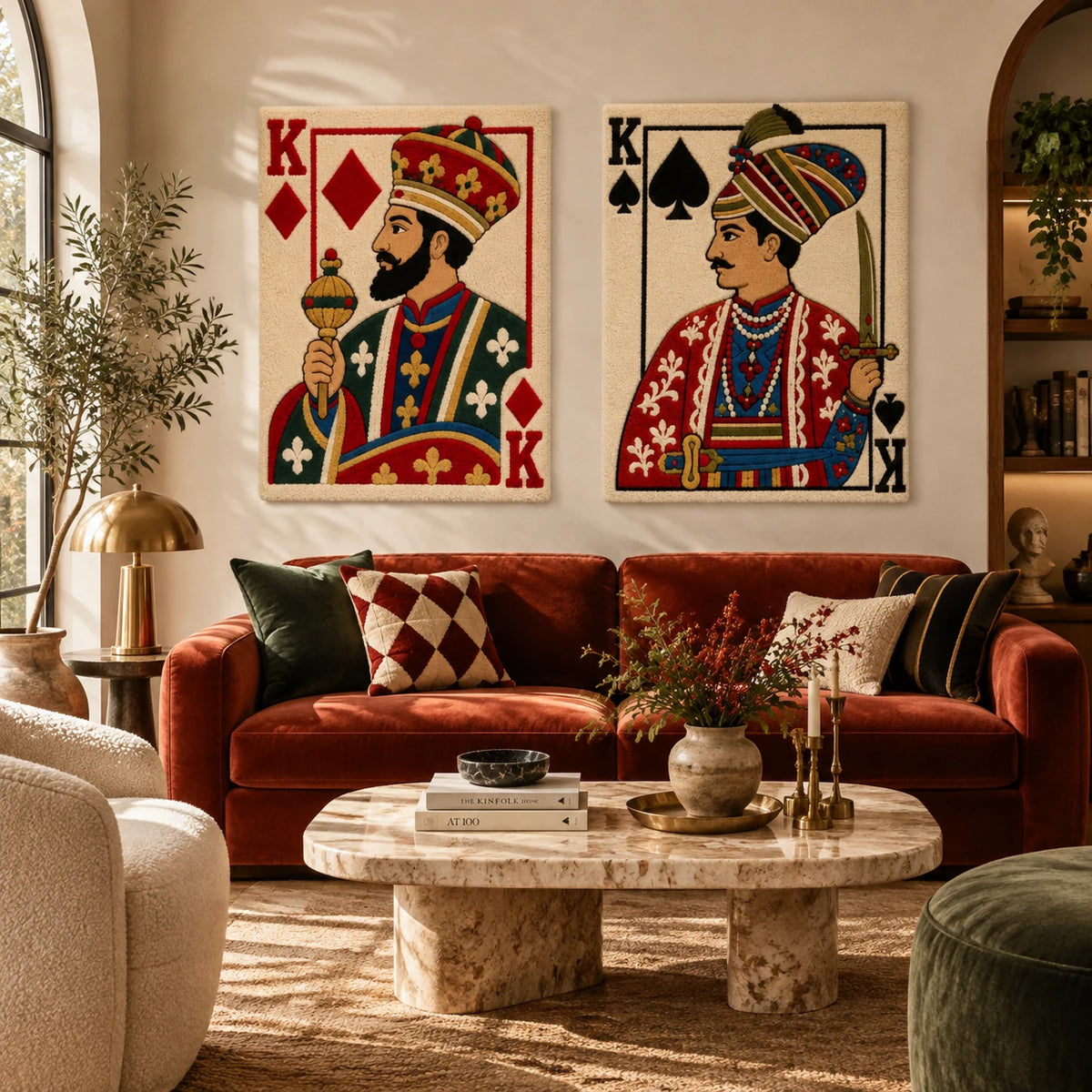 Diamond King with Golden Scepter × King of Spades with Curved Sword paired wool wall art in a styled room — Kings of Fortune
