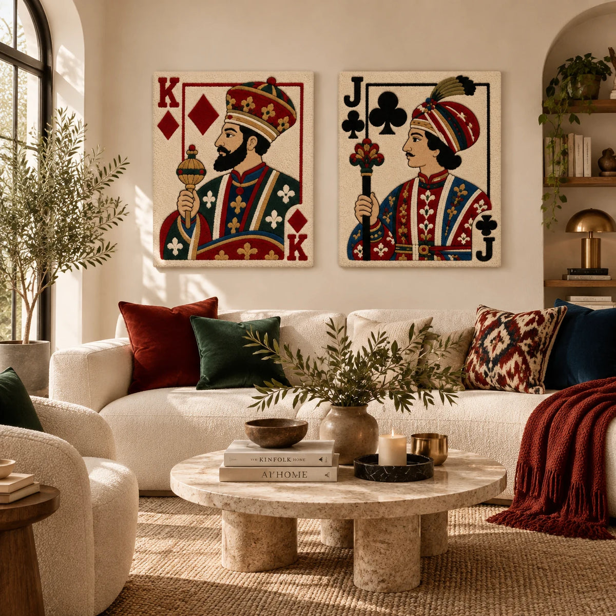 Diamond King with Golden Scepter × Jack of Clubs in Jewel Stripes paired wool wall art in a styled room — Royal Jewel Court
