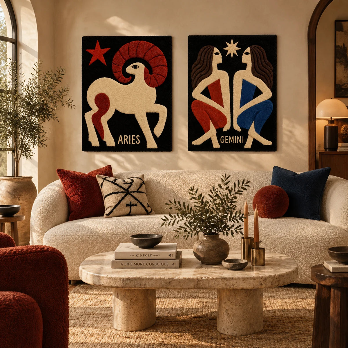 Aries Scarlet Spiral × Gemini Star Sisters paired wool wall art in a styled room — Scarlet Zodiac Stars