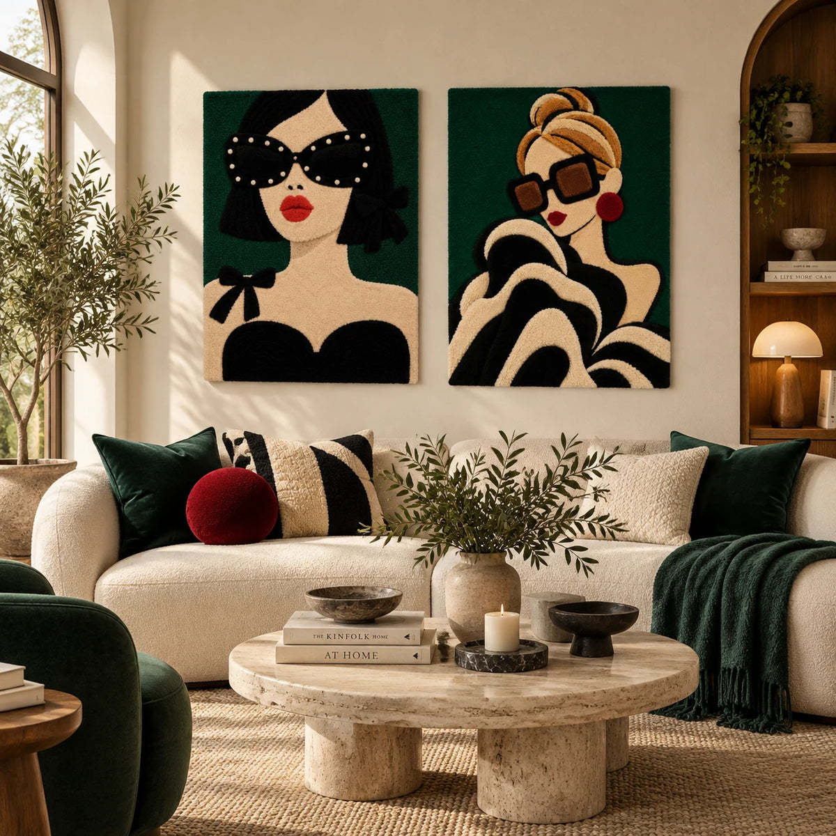 Emerald Cat Eye × Emerald Evening Graphic Ruffles paired wool wall art in a styled room — Emerald Evening Icons
