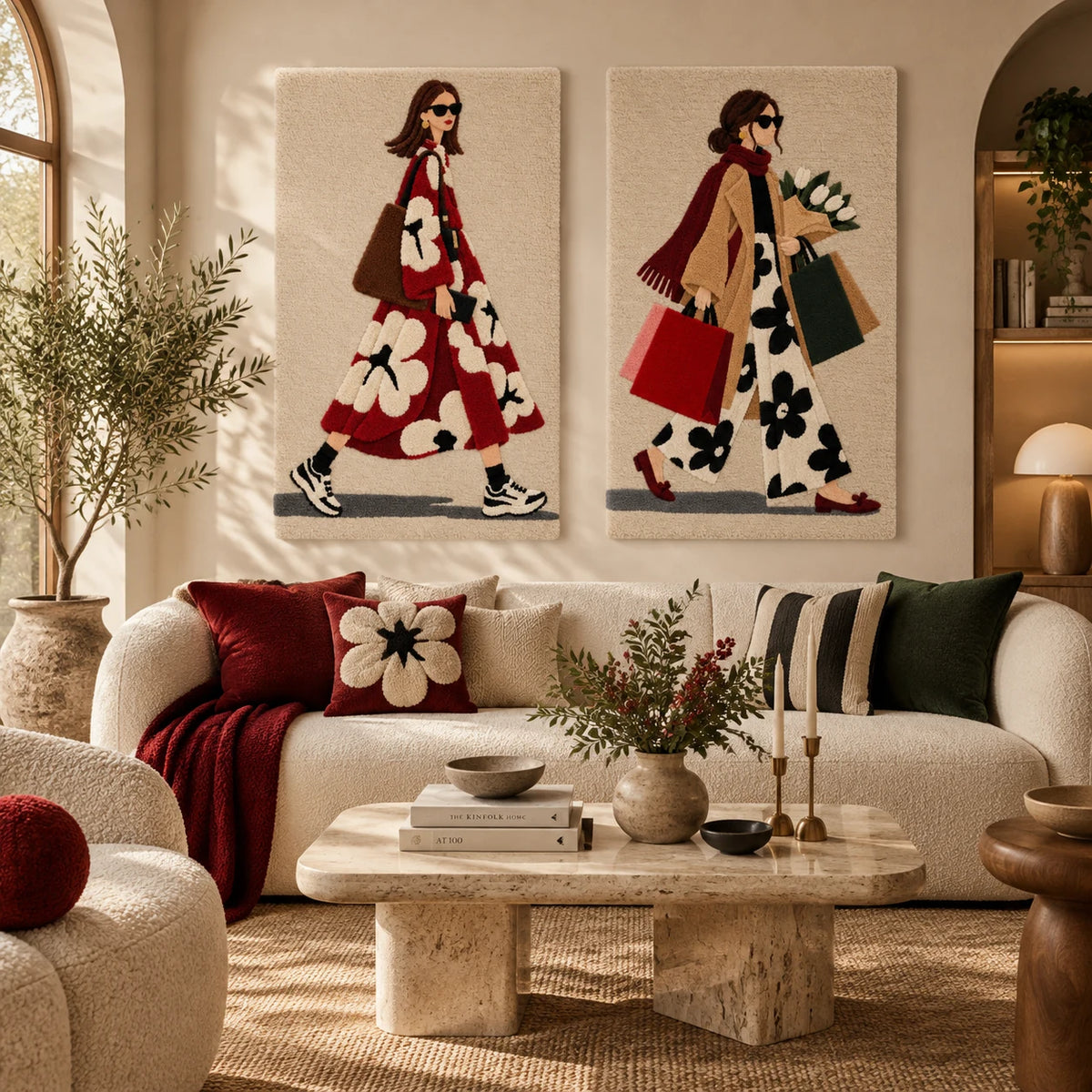 Crimson Daisy Errand × Flowers on the Way Home paired wool wall art in a styled room — The Flower Errand