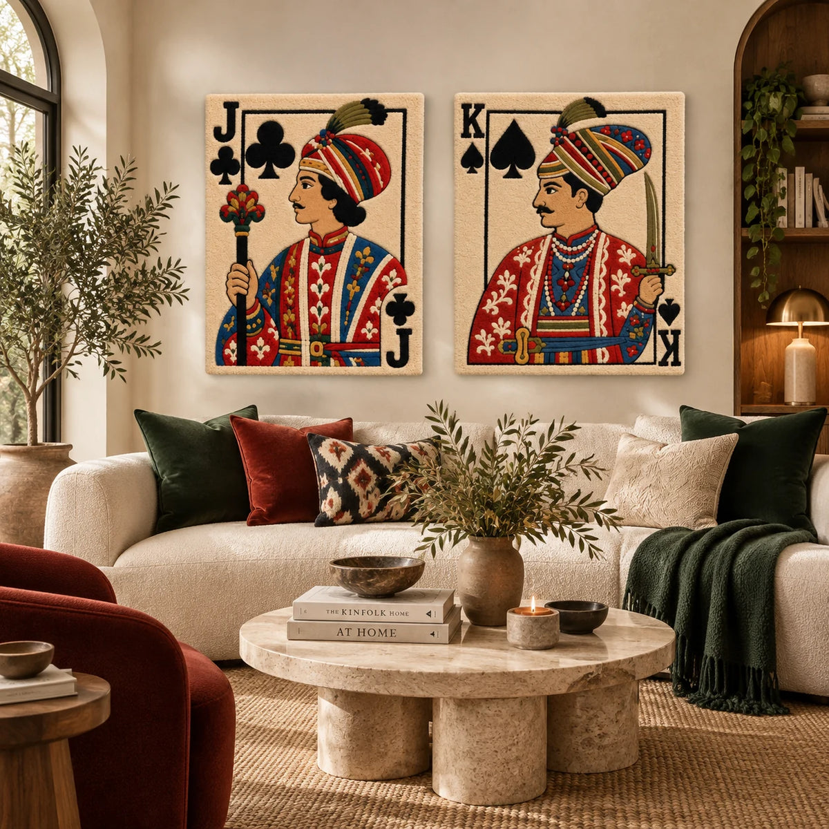 Jack of Clubs in Jewel Stripes × King of Spades with Curved Sword paired wool wall art in a styled room — Jewels of the Court