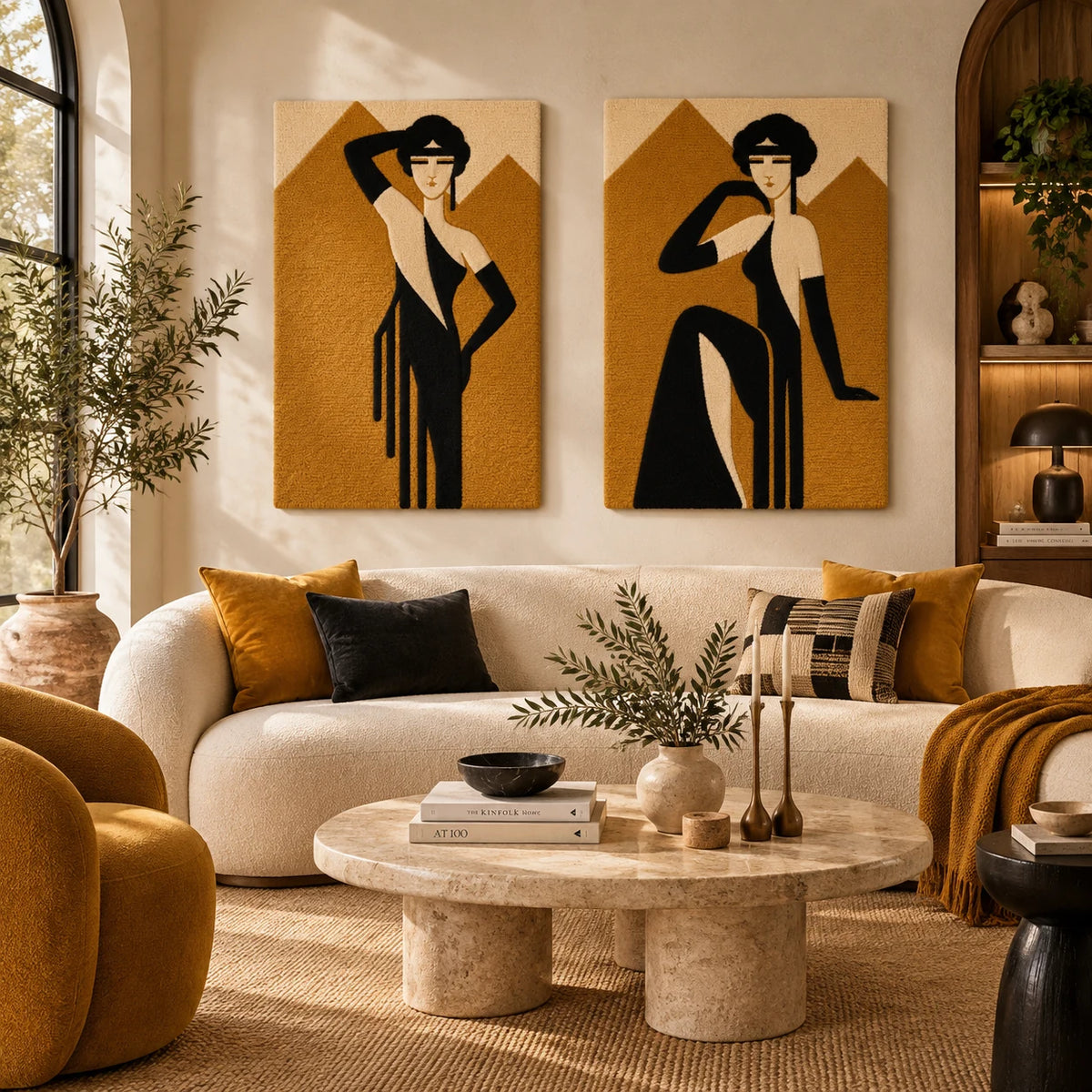 Golden Gala Silhouette × Golden Hour Poise paired wool wall art in a styled room — Golden Hour Poise