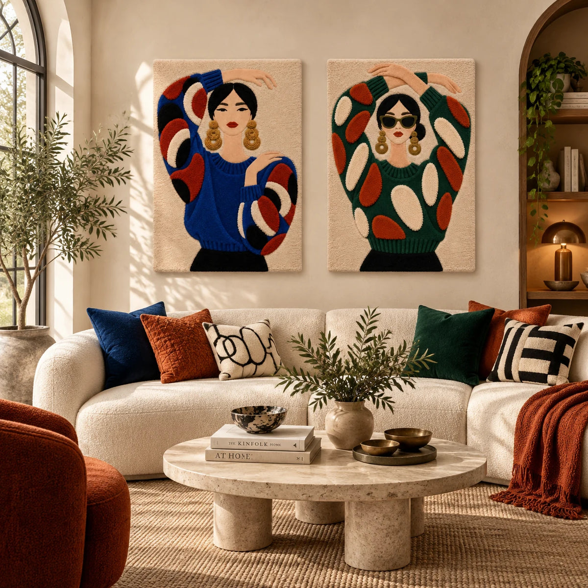 Blue Sweater Dancing Pose × Emerald Pose with Golden Hoops paired wool wall art in a styled room — A Playful Sweater Pose