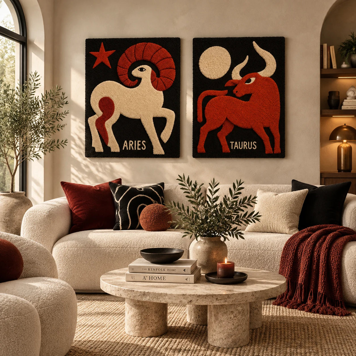 Aries Scarlet Spiral × Taurus Beneath the Moon paired wool wall art in a styled room — Zodiac Under the Moon