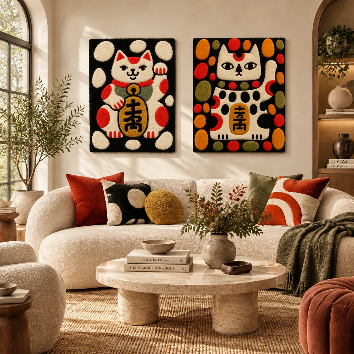 Lucky Cat Celebration × Polka Dot Fortune Cat paired wool wall art in a styled room — Fortune Cat Celebration