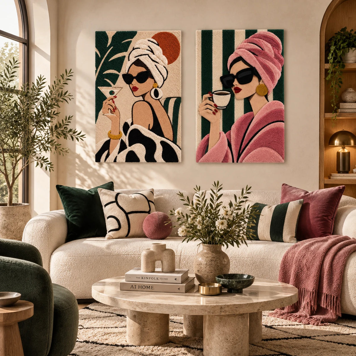Palm Cocktail Portrait × Pink Turban Morning Coffee paired wool wall art in a styled room — Palm and Coffee Hours