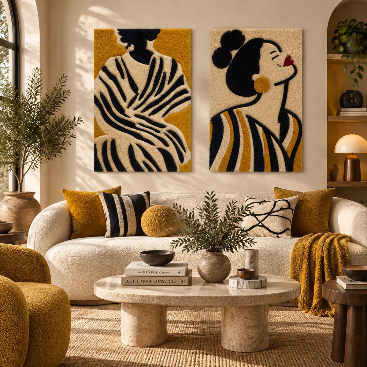 Afterglow Aster × Golden Stripe Profile paired wool wall art in a styled room — Stripes After Sundown
